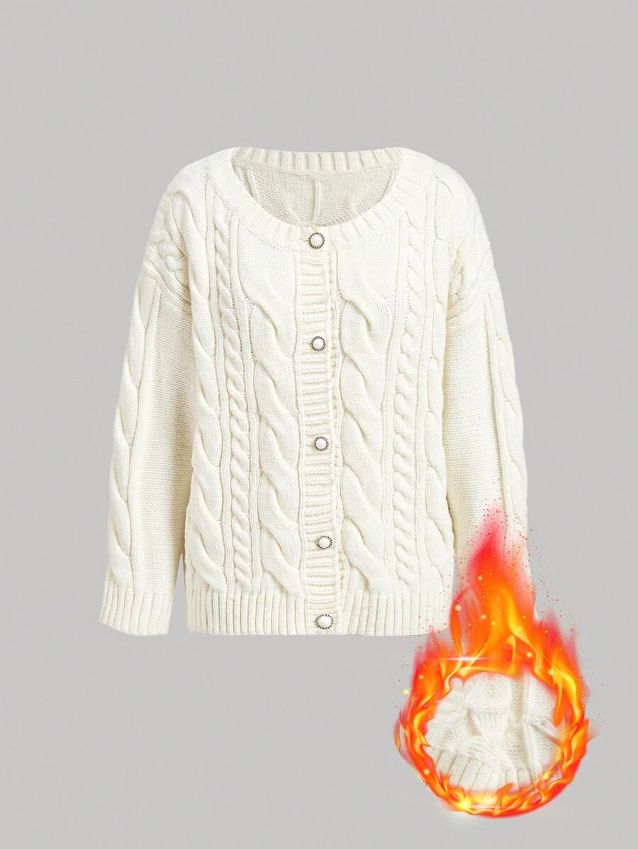 SHEIN MOD 1 szt. Damski jednolity kolor, opadające ramiona, długi rękaw, jednorzędowy, swobodny, gruby lniany kardigan, swetry jesienne, ubrania na zimną pogodę, noworoczny - Beżowy - Zobacz 1