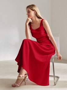 MOTF PREMIUM SOLID RUCHED BODICE FLARE HEM BUCKLE BELTED LONG DRESS - Red - View 1