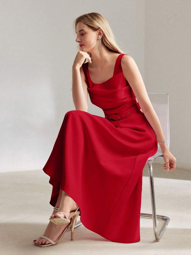 SOLID RUCHED BODICE FLARE HEM BUCKLE BELTED LONG DRESS
