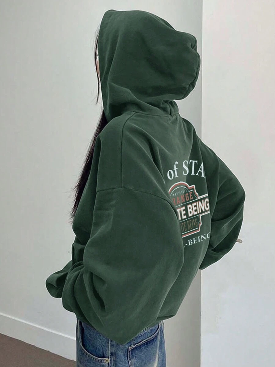 DAZY Women's Hooded Loose Pullover Sweatshirt With Printed Design, Streetwear Style, Thermal Lined,Fall Clothes