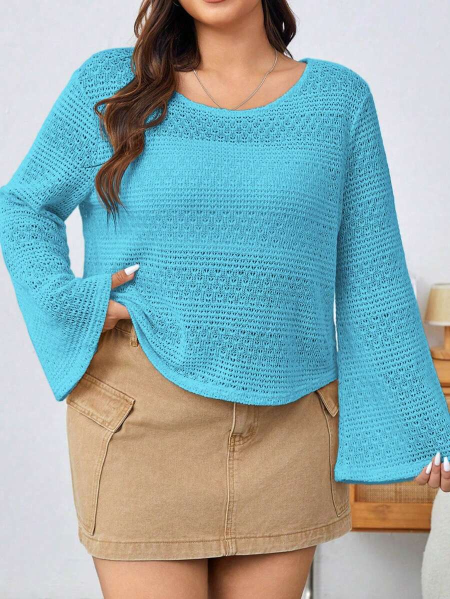 SHEIN EZwear 1pc Women Plus Size Casual Cutout Bell Sleeve Round Neck T-Shirt, All-Match Style Suitable For Summer, Back To School, Casual Dates, Tea Party, Beach, Versatile Blue Top - Blue - View 1