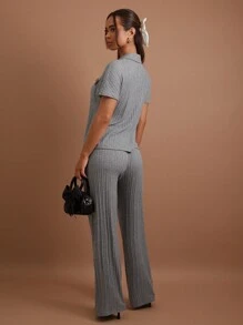 COSMINA Women 2pcs/Set Casual Solid Color Short Sleeve Top And Pants Set, Autumn - Grey - View 2