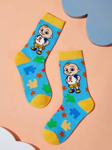 CoComelon X SHEIN 2 Pairs Kids Cartoon Dinosaur & Puzzle Pattern Color Block 100% Cotton Long Socks - Multicolor - View 7