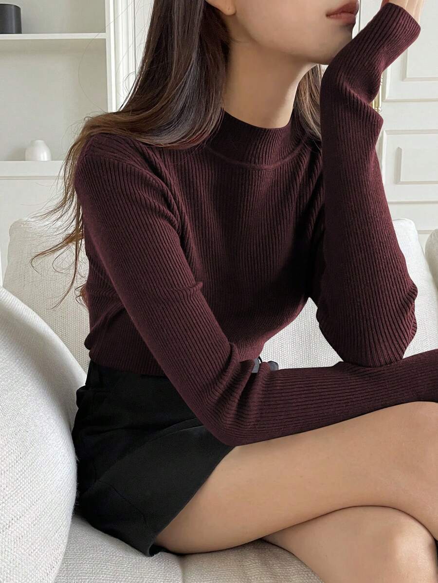 DAZY 女士圆领纯色长袖商务休闲毛衣，秋冬，秋季女装 - 紫色 - 查看 1