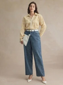 BizChic 1 件女士条纹印花优雅商务衬衫 - 卡其色 - 查看 1