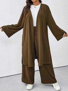SHEIN LUNE 大码纯色长袖开衫和裤子休闲装 - 棕色 - 查看 4