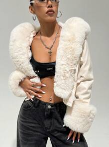 SHEIN X Lucía Bellido StreetHx 1pc Women Fuzzy Patchwork Front Button Basic Casual Jacket - White - View 6