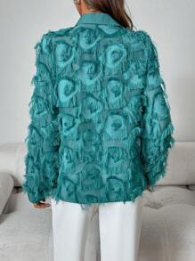SHEIN Clasi Camisa de manga larga con vivos de peluche de unicolor, estilo vacaciones para mujer - Azul Cadete - Ver 2