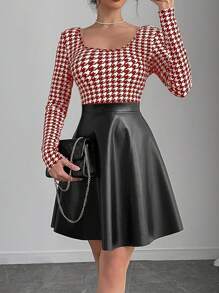 Chiquease Women's Autumn Fashion Splicing Houndstooth Pattern Waist Cinched Dress - Brown - View 3