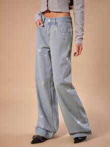Forever 21 秋冬新款低腰水钻渐变洗水阔腿宽松牛仔裤，充满派对气息 - 淺藍色 - 查看 4