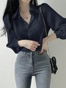 DAZY Áo cánh rộng xếp ly màu trơn dành cho nữ, màu xanh navy, thời trang xuân/hè/thu, áo dài tay mùa thu dành cho nữ - Màu xanh hải quân - Xem 4