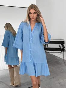 SHEIN Essnce Váy xếp nếp vải lanh mùa hè cho nữ - Màu xanh nhạt - Xem 3