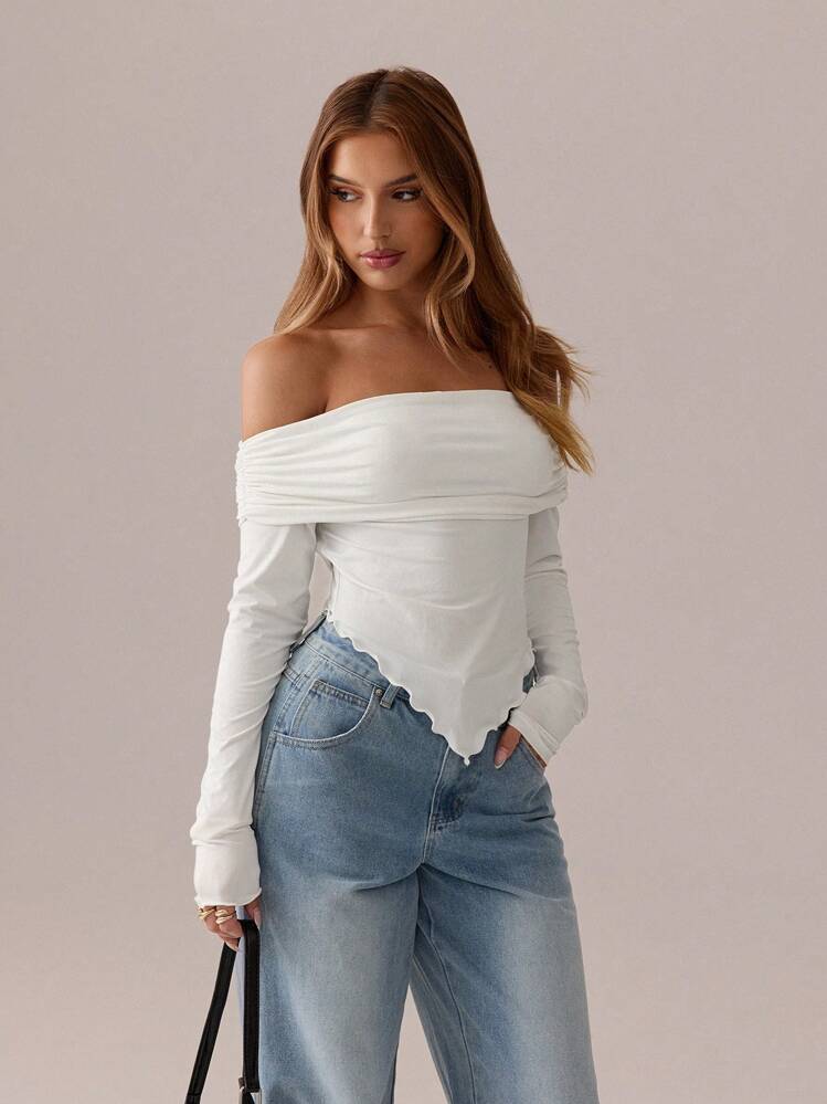 SHEIN SXY Blusa blanca; Camiseta de manga larga con pliegues asimétricos de color blanco sólido, para otoño/primavera; Camiseta de punto ajustada de hombros descubiertos para mujer; Adecuado para citas; Salidas diarias - Blanco - Añade 1