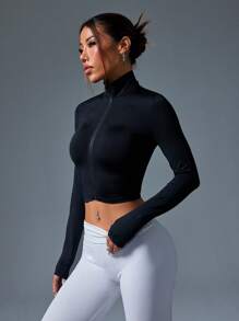 Easithlete 1 chiếc áo khoác thể thao dài tay có khóa kéo cổ đứng màu trơn - màu đen - Xem 5