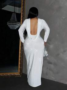 Slaydiva 新款感恩节服装，女士高领长袖露背闪亮正式派对长裙 - 杏色 - 查看 3