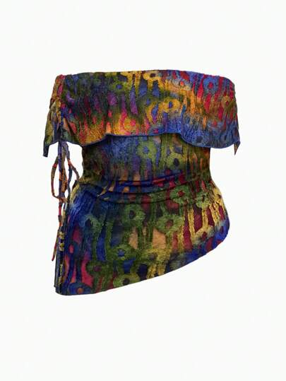 Hippie Vintage Tie Dye Camicia asimmetrica con orlo a tintura a riserva taglia curvy con frange