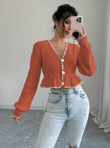 Elenzga Women Casual Contrast Color Ruffle Trim Cardigan, Autumn Fall Cloth For Women - Orange - View 6