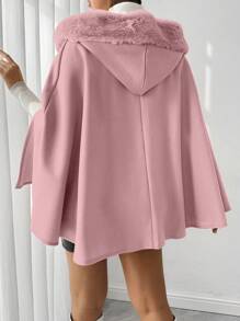 RosyDaze Elegant Solid Color Knitted Hooded Cape Coat With Fluffy Collar, Autumn/Winter - Pink - View 2