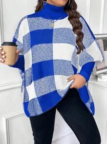 SHEIN Unity Plus Size Plaid High Neck Asymmetric Hem Casual Pullover Sweater, For Winter Knit Pullover Fall - Blue - View 5