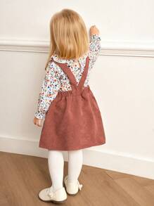 Souflis Souflis 2pcs/Set Baby Girl Vintage Ditsy Floral Frill Collar Long Sleeve Shirt And Corduroy Sleeveless Dress Suit, Retro & Sweet Style, Autumn/Winter