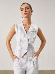 SURIMA Women 3D Floral Decor Striped V-Neck Buttoned Vest & Pants Sets, Casual/Office Wear
