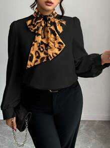 Elenzga Plus Size Herfst Vrouwen Elegante Luipaard Print Splice Kraag Strik Blouse