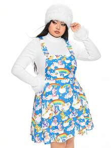 ROMWE X Care Bears 大码休闲可爱卡通熊和彩虹印花背带裙不含 T 恤