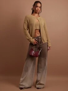 COSMINA 2pcs/Set Women Plain Long Sleeve Casual Jacket & Top Set - Khaki - View 1