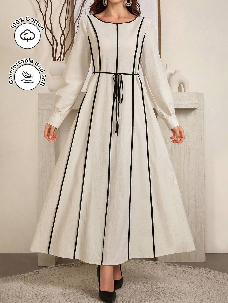 Al Najma Women's Round Neck Contrast Trim Belted Long Sleeve Elegant Arabian Modest Dress, Elegant A Line Arabian Dresses, Casual Daily