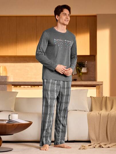 男士圆领长袖印花简约上衣和裤子睡衣套装