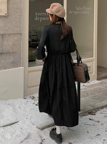 DAZY Women Solid Color Crew Neck Drawstring Long Sleeve Hoodie Midi Dress, Autumn & Winter,Fall Women Clothes - Black - View 5