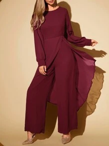 SHEIN Clasi 2pcs/Set Women Elegant Round Neck Asymmetric Lantern Sleeve & Wide Leg Pants Women Clothes Set