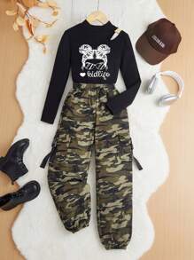 Slaydiva Conjunto de top de cuello redondo de punto de manga larga casual y pantalones jogger de camuflaje para niñas preadolescentes en Navidad