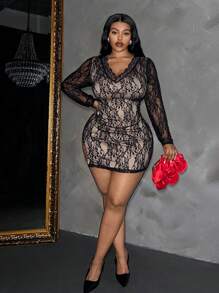 Slaydiva 大码 V 领长袖简约休闲优雅性感蕾丝连衣裙 - 黑色 - 查看 4