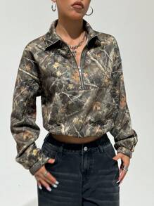 StreetHx Sudadera con media cremallera, cuello caído y manga larga con estampado de hojas vintage, estilo callejero adecuado para otoño/invierno, parte superior de manga larga