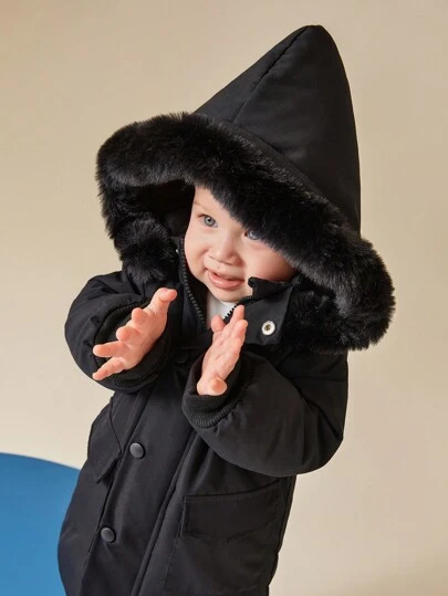 SHEIN Áo khoác mùa đông cho bé trai, tay dài, một hàng khuy, lót nhiệt, có mũ, rộng rãi, thoải mái, phù hợp cho các hoạt động ngoài trời vào mùa thu/đông để bảo vệ ấm áp toàn diện