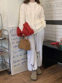 DAZY 女式圆领麻花图案纯色长袖毛衣，秋季女装 - 杏色 - 查看 4