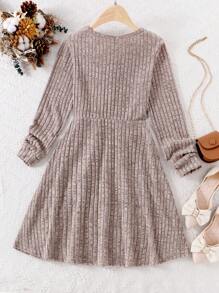SHEIN Women Vertical Stripe Rib Knit Casual Comfortable Long Sleeve Autumn/Winter Parent-Child Dress