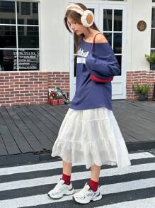 Jouncy Damen lässiges Langarm T-Shirt mit Buchstaben Muster und asymmetrischem Ausschnitt - Blau - Übersicht 4