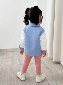 SHEIN 女婴灯芯绒拼接领外套套装，松紧腰裤，粉色、蓝色、白色撞色设计，休闲校服及户外活动套装，秋冬季 - 彩色 - 查看 2