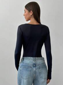 Aloruh 1pc Women Deep V Metal Button Decor Long Sleeve Bodysuit - Black - View 3