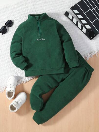 SHEIN Kleiner Junge Hose & Sweatshirt Buchstaben Stickerei, halbem Reißverschluss,