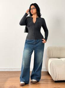 SHEIN EZwear Áo thun tay dài có khóa kéo vừa vặn, giặt cỡ lớn, mùa thu/đông - màu đen - Xem 4