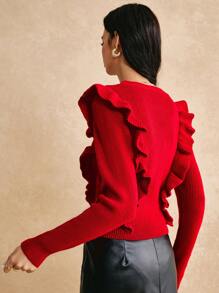 SHEIN Frenchy 女式纯色圆领长袖休闲上衣 - 紅色 - 查看 5