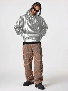 Manfinity RebelGame 男士宽松长袖连帽衫，巴西风格，秋冬款 - 銀色 - 查看 3