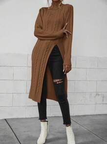 SHEIN LUNE 纯色立领开衩休闲套头针织毛衣，秋冬款 - 棕色 - 查看 4