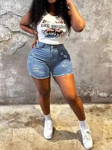 Women's Distressed Skinny Stretch Frayed Hem Denim Shorts