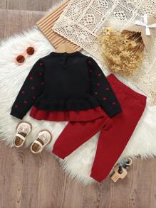 女婴灰色心形图案可爱休闲套头毛衣 2 件套 - 黑色 - 查看 2