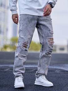 Manfinity Homme Men Ripped Frayed Straight Leg Jeans Slim Fit Long Jean Cargo Plain Light Grey Party Punk Rapper, Men Ripped Jeans, Ripped Jeans Pants, Men Jeans - Light Grey - View 7