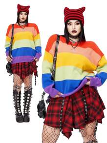 Whyspr Plus Size Goth Punk Dark Punk Goth Style Ombre Rainbow Sweater Pullover Knit Pullover Fall Winter - Multicolor - View 1